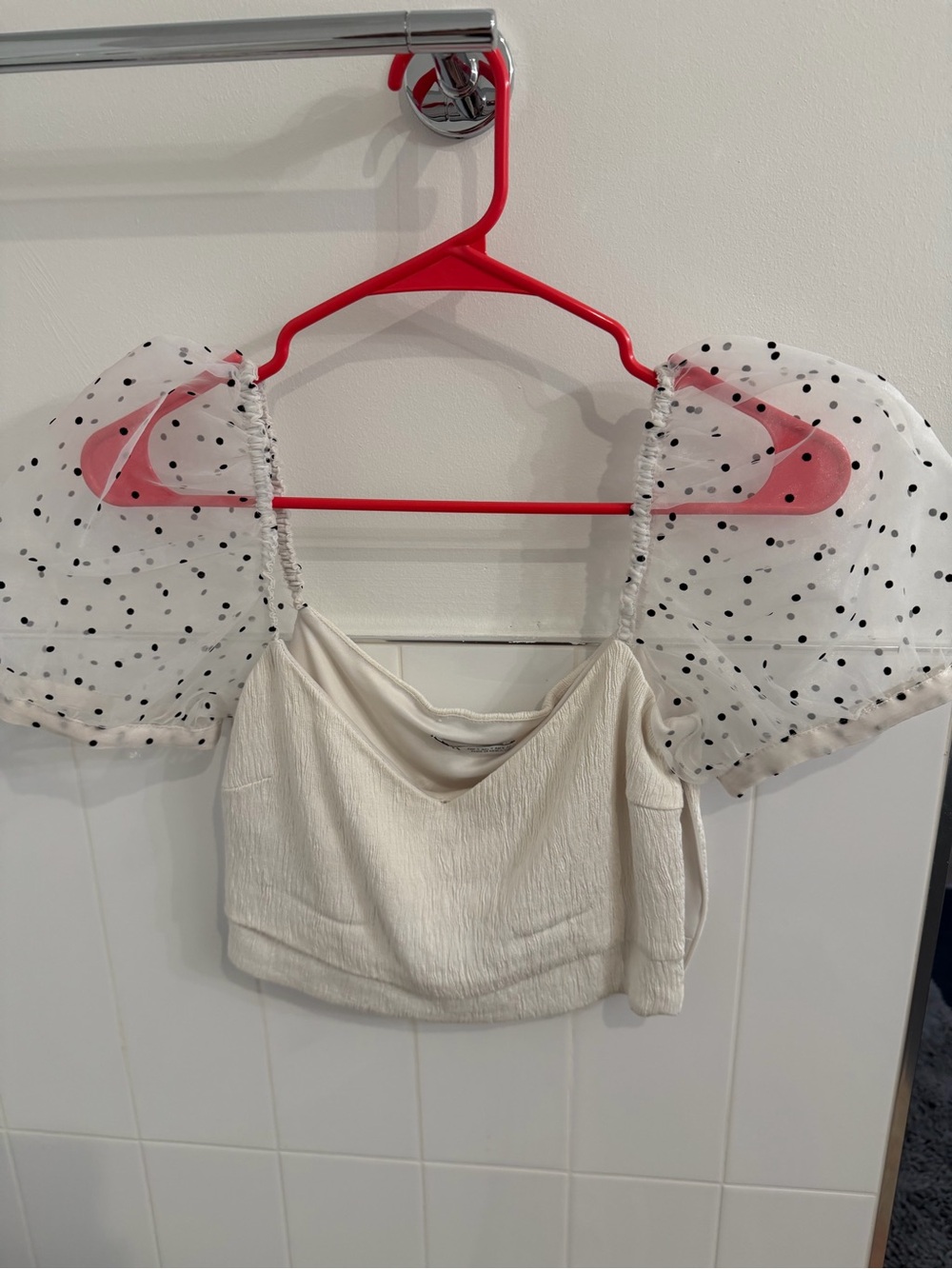 Zara White Crop Top with Sheer Black-Polka Puff Sleeves